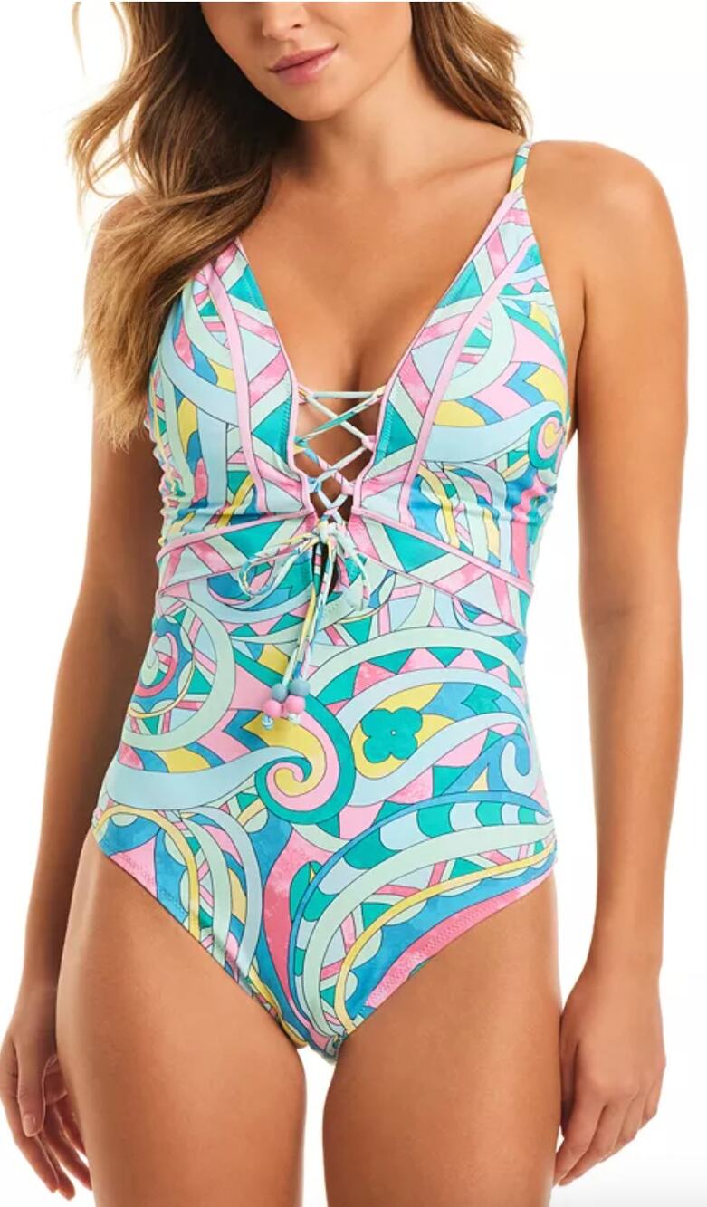 Jessica Simpson Women's Strappy-Front Retro Print One-Piece Swimsuit sz L large